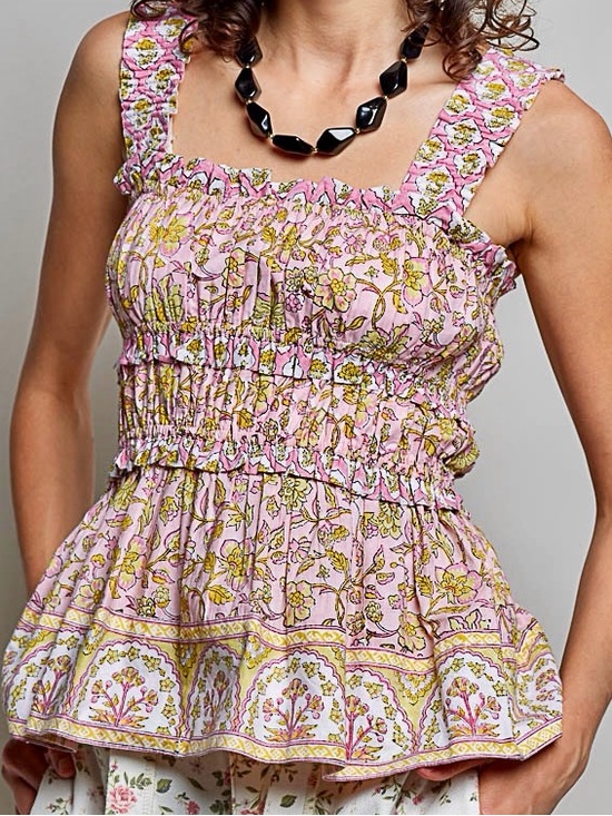 POL Tops - 💖Hello Gorgeous! POL Smocked Printed Square Neck Peplum Tank w/Ruffle Trim